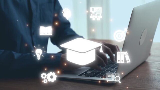 A close-up of hands working on a laptop surrounded by digital icons representing education and technology, perfect for themes of online learning and academic growth. Qubit