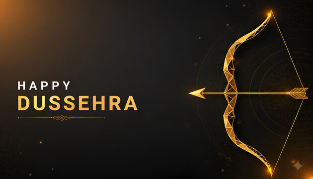 Golden bow and arrow illustration for happy dussehra festival greeting with hindu festival good over evil dark background particle effect graphic design