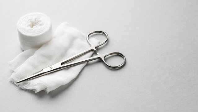 Surgical medical forceps with white sterile gauze bandage rolls on a light gray table surgical healthcare