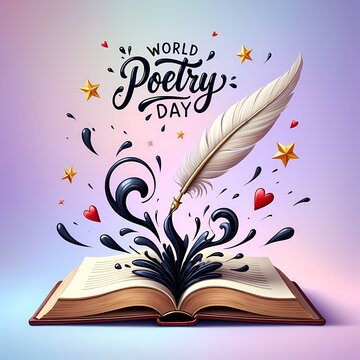 World poetry day celebration with a quill pen writing ink splash on book