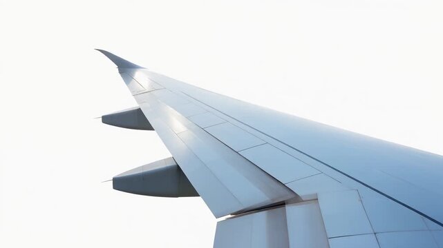 Airplane wing viewed from the passenger window during flight against a bright sky background