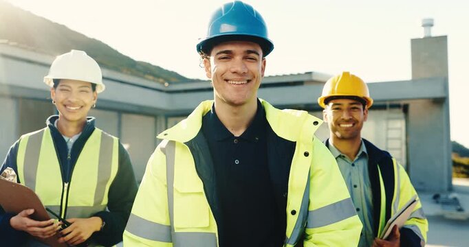 Face, team and smile with leader for construction workforce, electrical phase and engineering. Man, electrician and workers with tech, pride and inspection checklist for building renovation on site