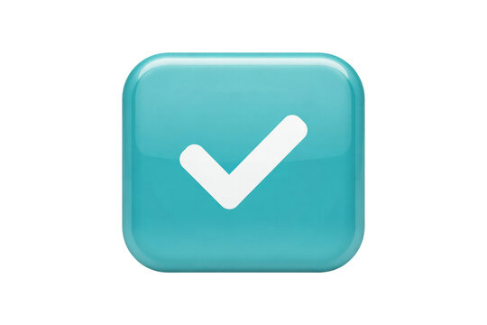 Glossy teal square button featuring a white checkmark symbol for user interface isolated on a transparent background