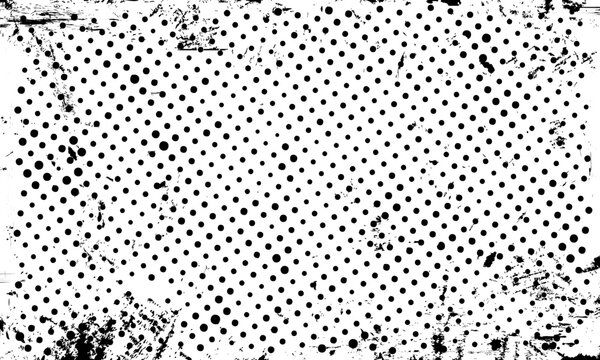 Gritty Grunge Halftone Dots Background with Distressed Border Abstract Vector Overlay with Transparent Background