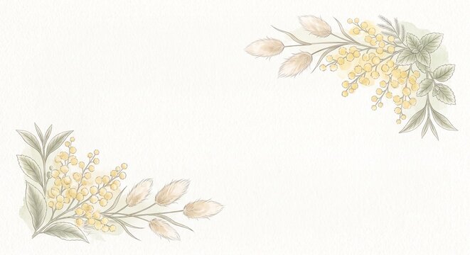 Corner botanical decorations with mimosa flowers and mimosa leaves
