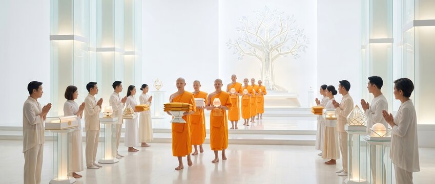 Monks in orange robes walk through a bright white hall with devoted followers