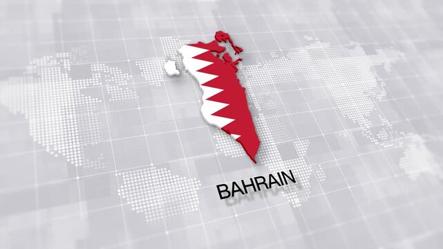 Bahrain map with national flag on white digital world map background, global political, geographic border for international news concept wiht minimal background