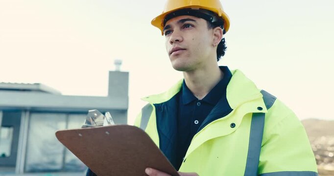 Man, engineer and clipboard outdoor for construction, protocol and inspection report for project. Contractor, writing and notes on rooftop with checklist, blueprint and safety survey for architecture