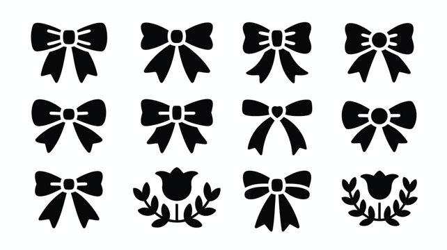 Black decorative bows and ribbon arrangements with floral accents in monochrome silhouette style with some combined leafy floral elements ribbon designs varied decorative knot