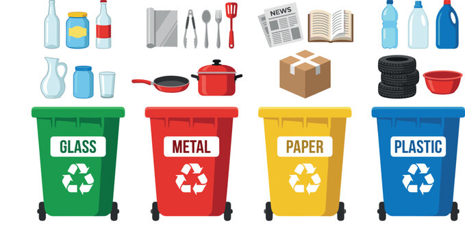 Waste Segregation and Recycling Bin Vector Set with Color Coded Garbage Cans for Glass Metal Paper and Plastic Disposal Infographics and Educational Materials