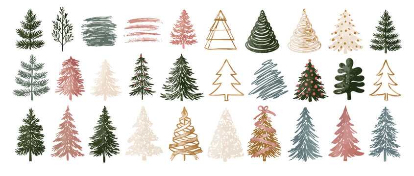 Christmas tree watercolor collection and festive pine forest elements. Includes hand-drawn fir trees, abstract brush strokes, and holiday decorations. Decorative vector graphics for seasonal design.