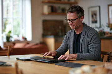Obraz premium A man with a calm expression is working on his laptop, embodying focus and maturity in a well-designed home office, blending comfort and functionality.