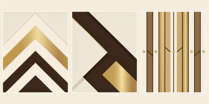Set of three abstract wall panels featuring geometric patterns in gold, brown, and cream colors