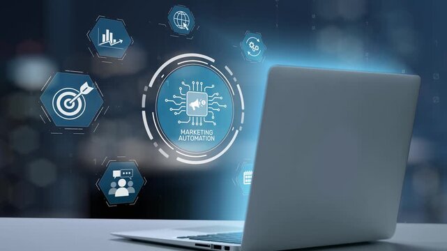 A sleek laptop displays icons of marketing automation in a high-tech digital environment, symbolizing innovative solutions and strategies for enhancing business efficiency and growth. Salient