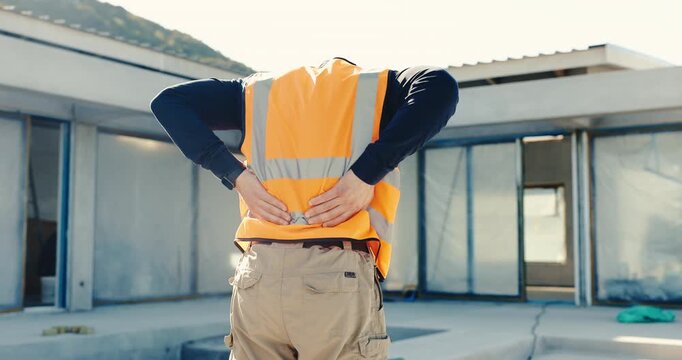 Construction worker, back injury and person with pain at site, discomfort or overwork health risk. Building development, backache and man outdoor with sore spine, occupational hazard and accident