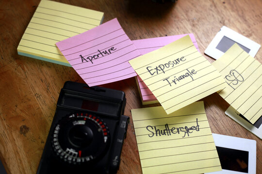 Photo of paper notes with the words Exposure Triangle, Aperture, Shutter Speed and ISO pertaining to Photography.