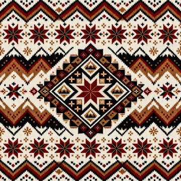 Realistic Fair Isle knitted texture featuring a geometric diamond, star, and chevron pattern in a warm burgundy, black, and tan colorway for a seamless winter background.