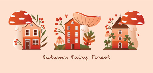 Fototapeta premium Autumn Fairy Forest vector clipart set. Cozy collection of three fairytale houses under giant mushroom cottages with fall leaves, berries, and handwritten text. Flat illustration bundle for Thanksgivi