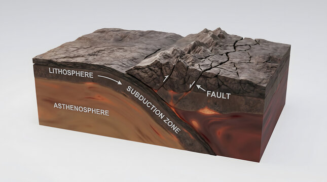 Detailed 3D geological cross-section illustrating a subduction zone, showing the lithosphere diving beneath another plate into the asthenosphere. Features include fault lines, mountain formation, a...