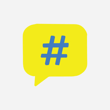 Hashtag symbol inside a yellow speech bubble represents social media tags and online trending topics.