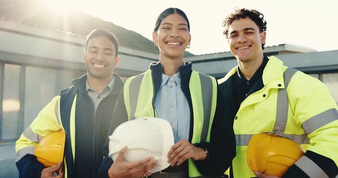 Face, team and happy with helmet for construction workforce, property renovation and site leader. People, supervisor and workers with PPE for remodeling collaboration, building development and pride
