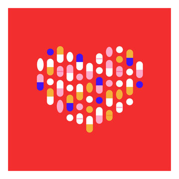 Heart shape made of colorful pills, capsules, and tablets in pink, yellow, white, and blue on a red background. Flat vector illustration representing healthcare, medicine, and cardiovascular health.