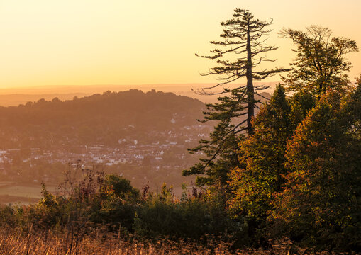 Wide elevated view of the English Town of Dorking