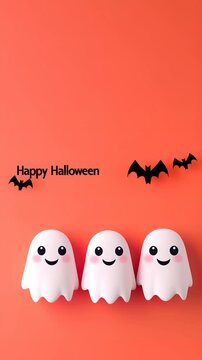 An AI-generated video of three cheerful ghosts dancing on a flat orange background, celebrating Halloween in a playful and spooky atmosphere, featuring the text "Happy Halloween."