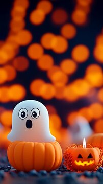 An AI-generated video of cheerful ghosts wearing witch hats, with a shimmering surface, celebrating Halloween in a playful and spooky night atmosphere.