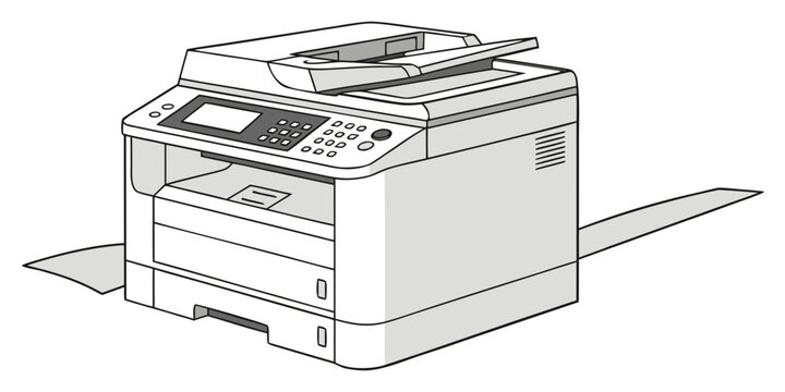 Graphic illustration of a standard office multifunction laser printer for professional use with multifunction equipment business technology document workplace hardware corporate stationery