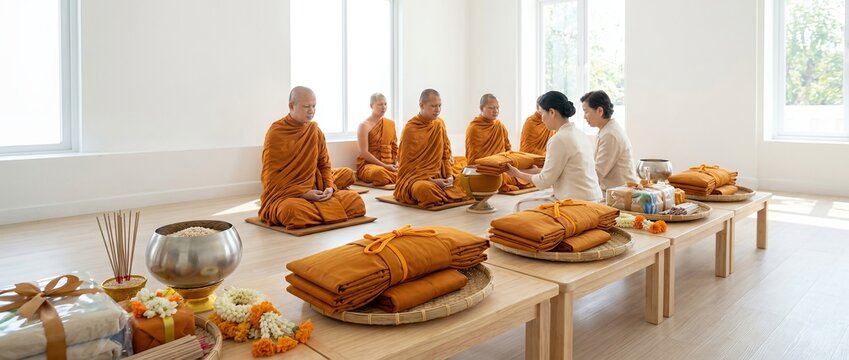 Buddhist monks sitting in meditation and receiving offerings inside a bright temple hall