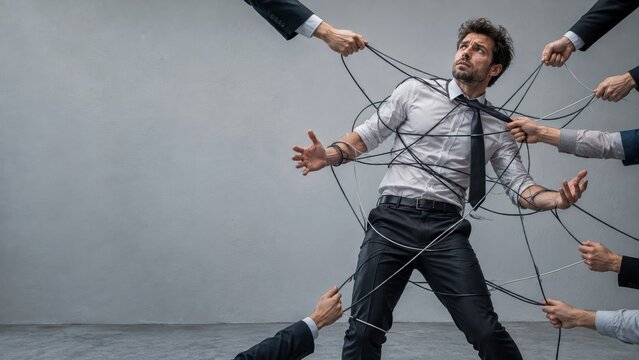 Stressed businessman tangled in a web of cables and wires being pulled by multiple hands from different directions