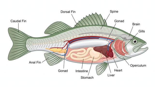 Detailed scientific illustration showcasing the complete internal and external anatomy of a fish. This educational diagram clearly labels key organs such as gills, heart, liver, stomach, intestine,...