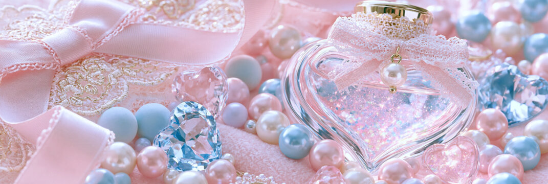 Herzf&ouml;rmige Parf&uuml;mflasche zwischen rosa und blauen Weihnachtskugeln mit Glitzer und Schleifen