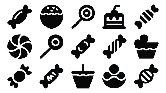 Black silhouette icons of various candies and treats arranged in grid pattern with Black white icons different types candies desserts simple line art style candyillustration