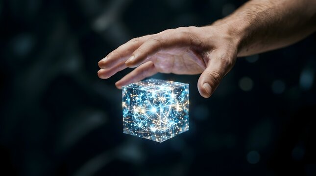 Close up of a human hand hovering over a glowing digital cube filled with blue energy and data particles representing future technology, blockchain, artificial intelligence, and innovation concepts