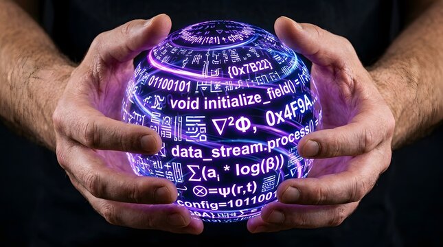 Human hands holding a glowing futuristic digital sphere or crystal ball filled with blue and purple programming code, binary data, and complex mathematical formulas representing software engineering