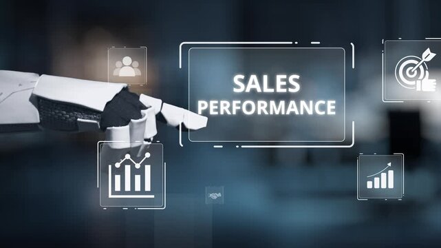 A robotic hand interacts with digital sales performance icons and metrics, symbolizing the integration of technology in business analytics and decision-making processes for enhanced growth. Salient