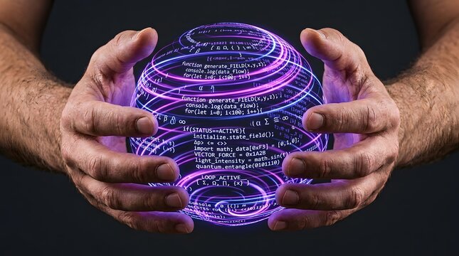 Hands holding a glowing purple code sphere representing artificial intelligence and software development, digital data processing and cybersecurity concept on a dark background