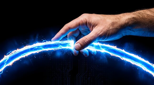 Male hand connecting two glowing blue digital light bridges on dark background with circuit patterns, concept of technology, network connectivity and innovation