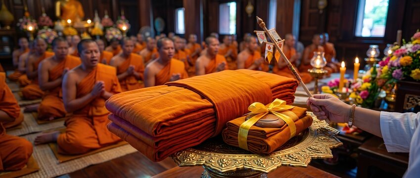 Buddhist monks in saffron robes praying indoors during a traditional religious ceremony