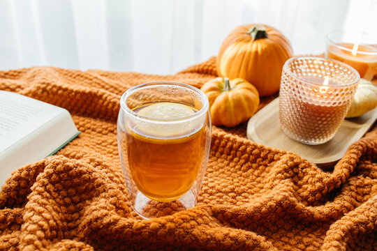 Autumn hygge concept with warm tea and pumpkins