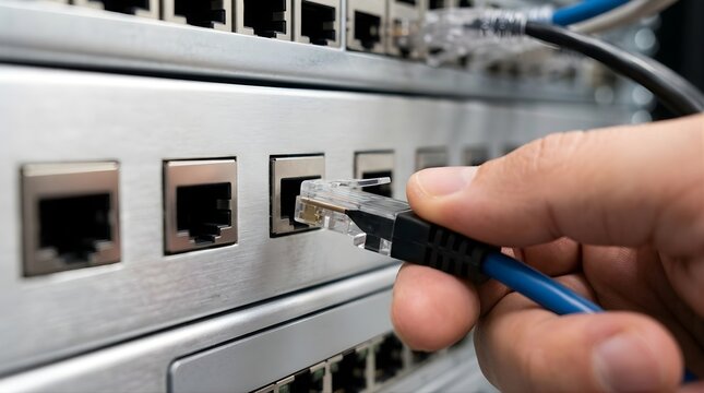 Technician hand plugging network ethernet cable into a server switch rack