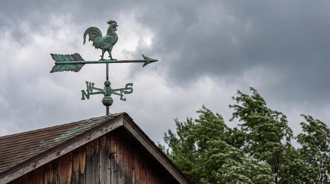 Weather vane with arrow pointing wind direction against overcast sky