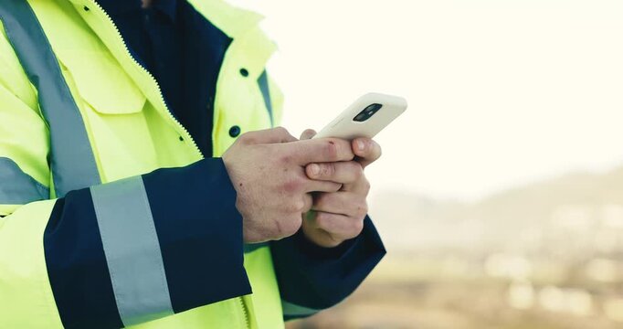 Hands, engineer and phone for online communication, construction or building development feedback. Technology, internet connection and worker with space for typing update, site rules or search on app