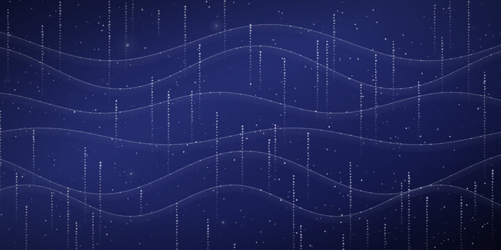 Navy and violet abstract binary code wave background. Stacked sine line ribbons with falling digit columns for banner and web layout