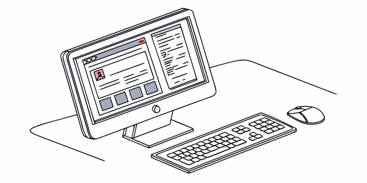 Desktop computer display showing a website interface on a workstation desk with computer internet interface workstation keyboard technology software connection computing information hardware
