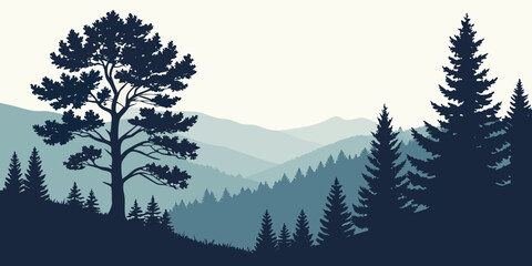 Obraz premium Blue toned mountain forest landscape silhouette with coniferous trees mountain silhouette landscape wilderness illustration background panoramic evergreen mountains woodland environment