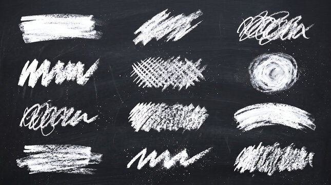 White Chalk Brush Strokes and Scribble Texture Elements on Blackboard