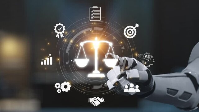 A robotic arm interacts with digital icons representing justice, compliance, and technology in the legal sector, emphasizing a future of automation and innovation in law practices. Salient